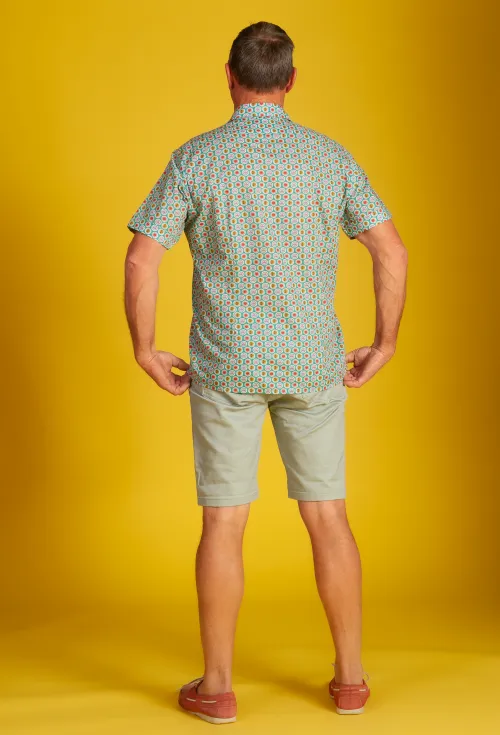 Otto enjoying the silk like feel of our Liberty Tana Lawn 100% cotton Short Sleeve Shirt 'Aztec Sun'